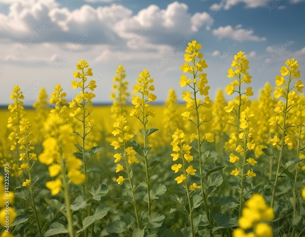 blurred background of yellow rapeseed on a background of the sky. selective focus on color. canola field with ripe rapeseed, agricultural background.