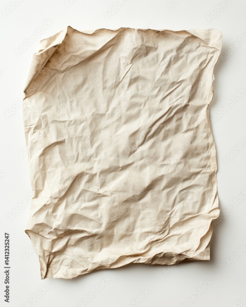 Crumpled parchment paper texture on white background, design element Crumpled parchment paper texture on white background, design element