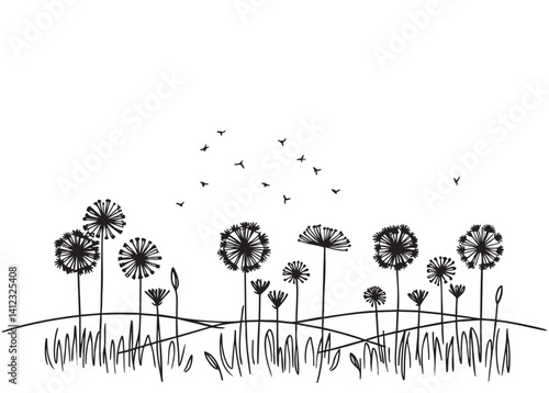 line sketch black silhouette landscape with black simple abstract dandelions