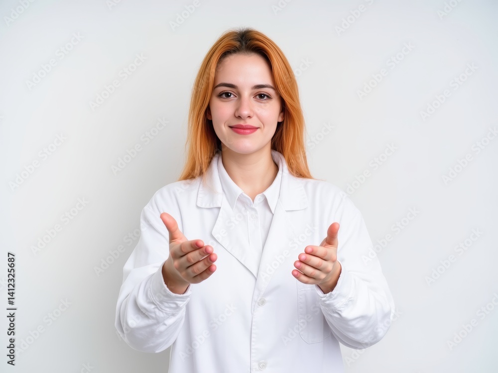 Young Romanian scientific woman isolated on white background inviting to come with hand. Happy that you came Young Romanian scientific woman isolated on white background inviting to come with hand. Happy that you came