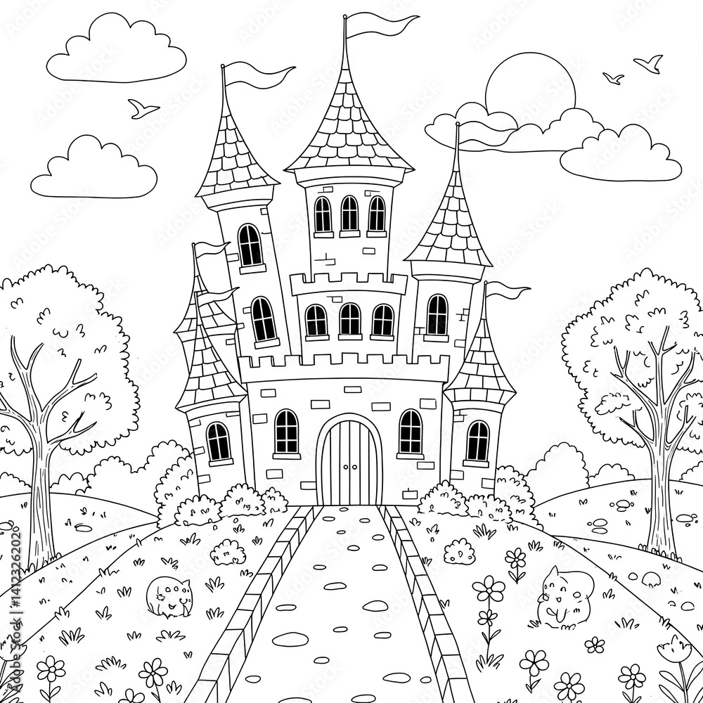 Majestic fairytale castle awaits a charming black and white illustration perfect for coloring with Majestic fairytale castle awaits a charming black and white illustration perfect for coloring with