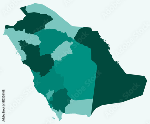 Map of Saudi Arabia with regions. Just a simple country border map with region division. Teal color palette. Flat Saudi Arabia shape with administrative division. Vector illustration.