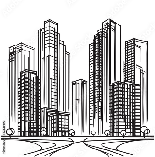 Silhouette high rise building sketch