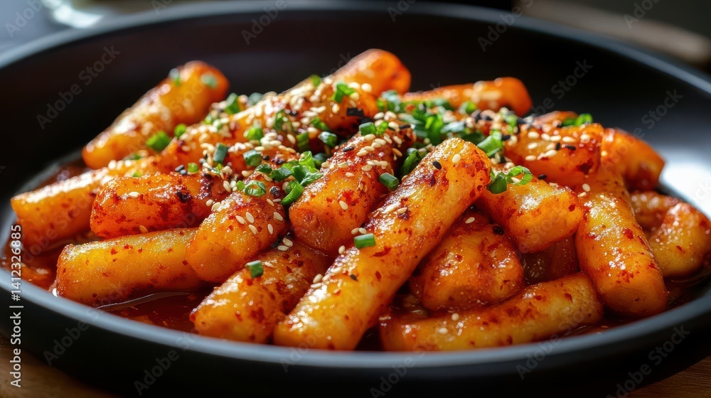 deep fried Korean rice cake (Tteokbokki) with spicy sauce - Korean food style. deep fried Korean rice cake (Tteokbokki) with spicy sauce - Korean food style.