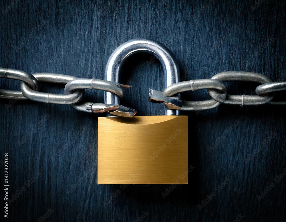 Fototapeta premium locked padlock with broken chain link symbolizes security breach and compromised access, evoking sense of vulnerability