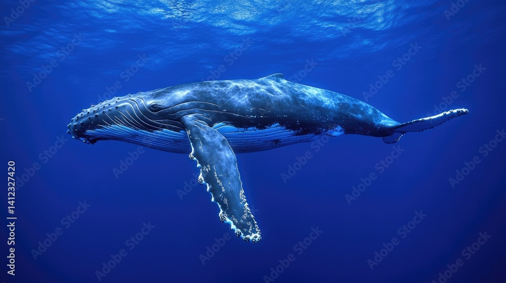 Obraz premium Calf humpback whale swims close underwater, 4k slow motion