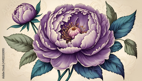 Elegant Hand-Drawn Purple Peony Floral Pattern with Vintage Vines on Beige Background - No 102