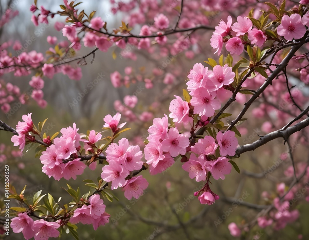 branches of a tree, a bush with pink flowers spring branches of a tree, a bush with pink flowers spring