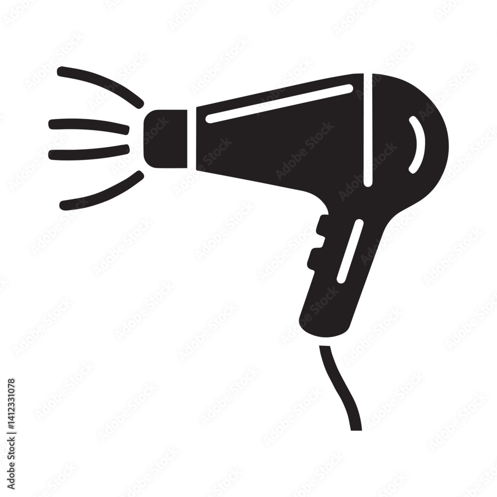 An illustration of a stylized black silhouette of a hairdryer. The hairdryer has a curved body, a nozzle at the front, and an ergonomic handle. An illustration of a stylized black silhouette of a hairdryer. The hairdryer has a curved body, a nozzle at the front, and an ergonomic handle.