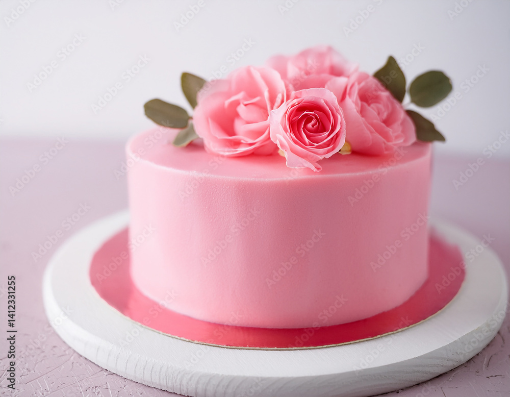 Pink frosted cake decorated with rose flower. Tasty dessert for birthday. Delicious sweet food. Pink frosted cake decorated with rose flower. Tasty dessert for birthday. Delicious sweet food.