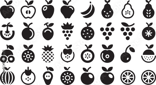 Vector icon set of assorted fruit silhouettes – tropical and seasonal fruit symbols, healthy food design