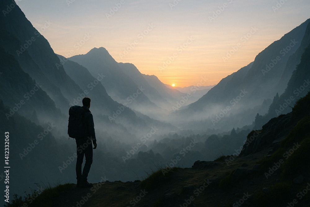 Fototapeta premium Tranquil Sunrise Over Misty Mountain Valley with Hiker: An Inspirational Landscape
