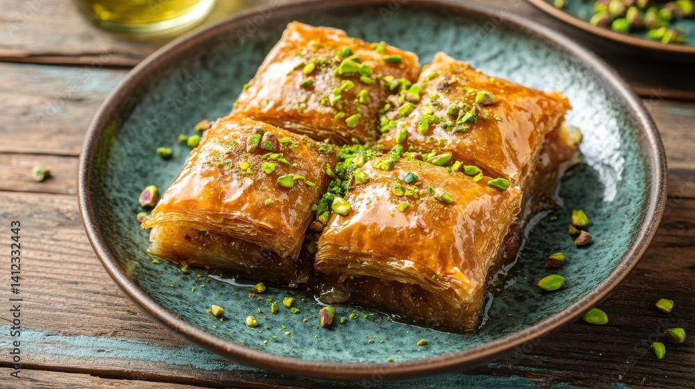 Delicious baklava with pistachios and syrup on a plate, top view. Delicious baklava with pistachios and syrup on a plate, top view.