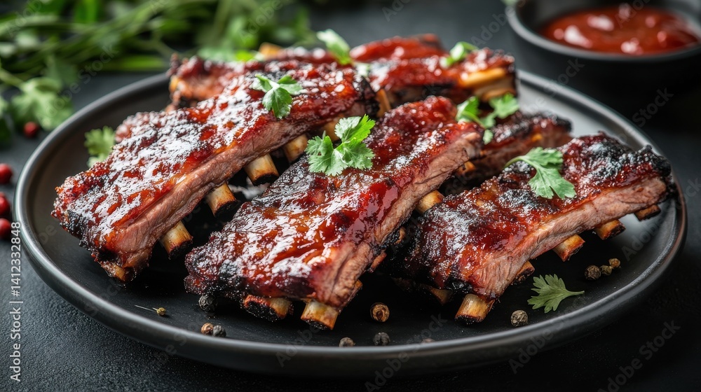 Delicious barbecue ribs served on a plate with fresh herbs and garnish, perfect for food lovers and culinary enthusiasts. Delicious barbecue ribs served on a plate with fresh herbs and garnish, perfect for food lovers and culinary enthusiasts.