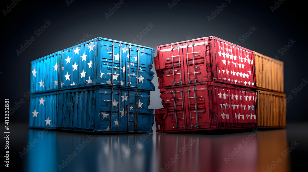 Fototapeta premium Colorful shipping containers with stars in red, blue, and yellow, creating a vibrant industrial art scene.