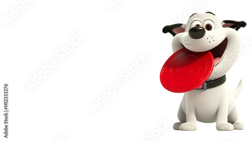 Png of A playful cartoon dog, delightfully animated, holding a red frisbee in its mouth, showcasing its joyful personality.