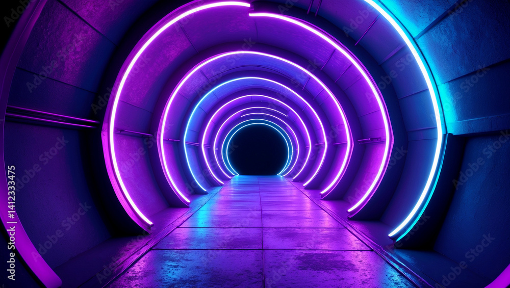 Fototapeta premium Vibrant neon circle light tunnel background