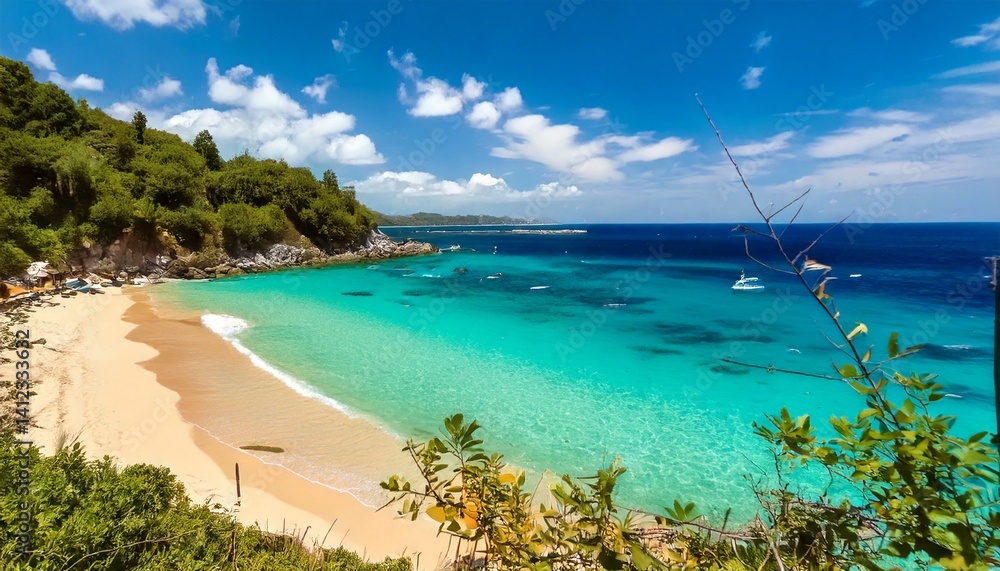 Beautiful tropical beach with palm trees, sunset beach seascape, design template for travel banner.
Beautiful tropical beach with palm trees, sunset beach seascape, design template for travel banner.