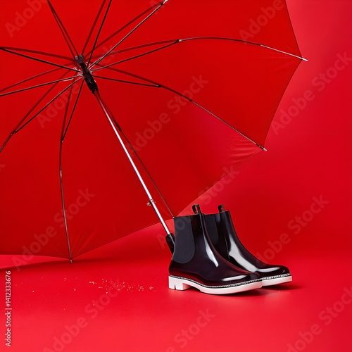 Umbrella Opened Above a Pair of Stylish Boots and Shoes