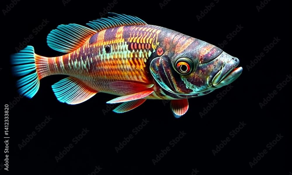 Colorful Exotic Tropical Fish with Striking Stripes and Patterns on Black Background Ideal for Aquatic Life and Marine Wildlife Themes Colorful Exotic Tropical Fish with Striking Stripes and Patterns on Black Background Ideal for Aquatic Life and Marine Wildlife Themes