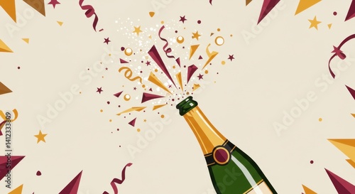 Champagne Bottle Popping Open, Geometric Illustration