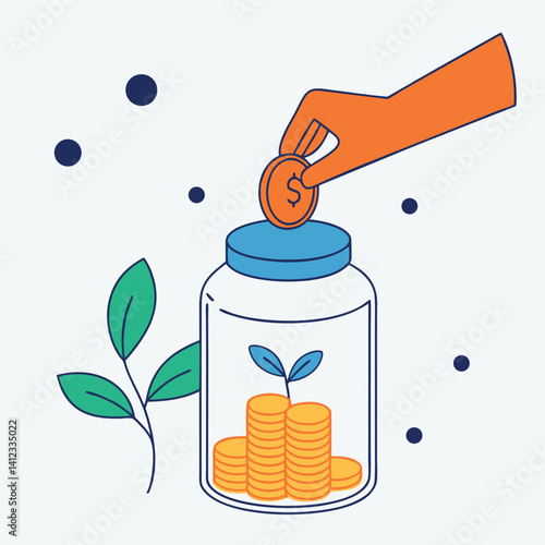 Orange Hand Putting Golden Coin into Jar for Future Savings.