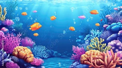 Fototapeta Naklejka Na Ścianę i Meble -  Colorful coral reefs with schools of fish swimming in blue ocean sea