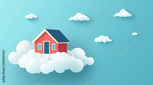 Wallpaper Mural House on Clouds in Minimalist Style Against Blue Background   Torontodigital.ca