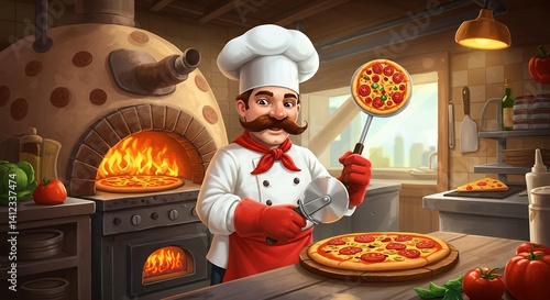 Cartoon chef cooking delicious pizza