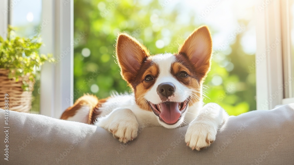 Adorable Corgi Peeking Through Window at Cozy Home Interior Adorable Corgi Peeking Through Window at Cozy Home Interior