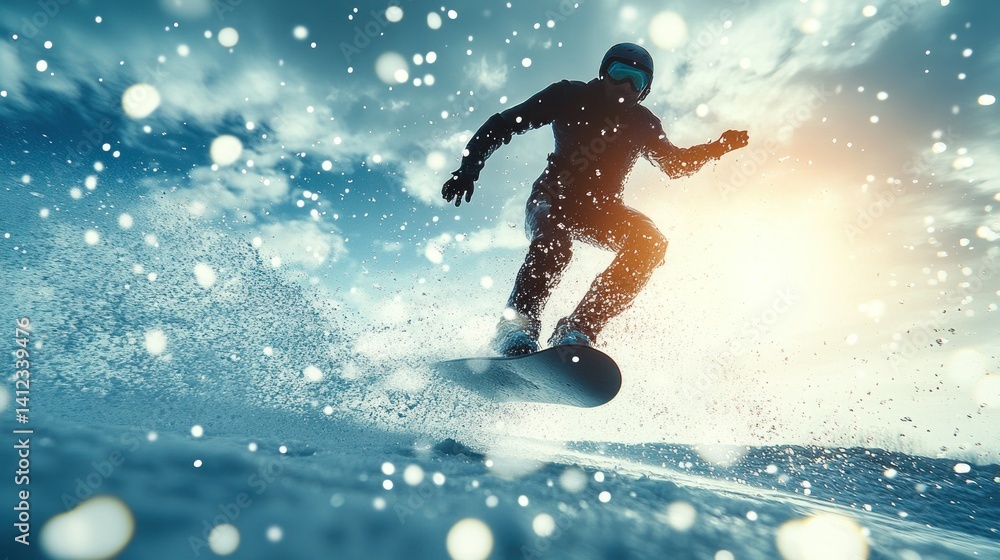 Naklejka premium Snowboarder soaring through snowy mountain air