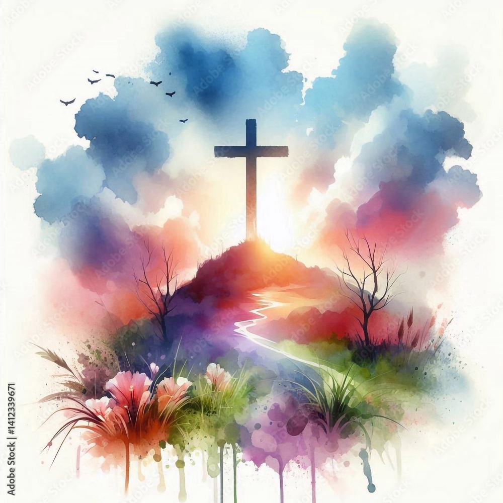 Watercolor Cross on a Hill at Sunset – Christian Hope and Resurrection Concept. AI generated illustration