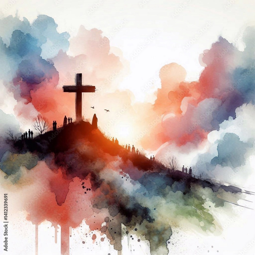 Watercolor Cross on a Hill at Sunset – Christian Hope and Resurrection Concept. AI generated illustration
