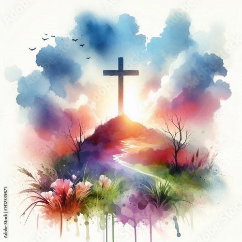 Obraz na płótnie Watercolor Cross on a Hill at Sunset – Christian Hope and Resurrection Concept. AI generated illustration w salonie