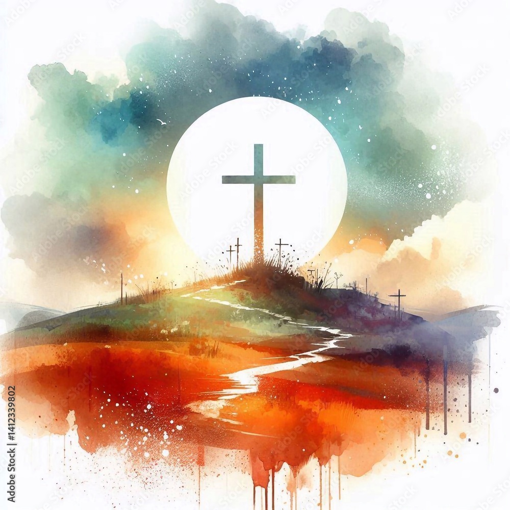 Watercolor Cross on a Hill at Sunset – Christian Hope and Resurrection Concept. AI generated illustration