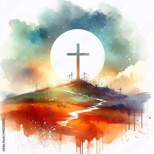 Obraz na płótnie Watercolor Cross on a Hill at Sunset – Christian Hope and Resurrection Concept. AI generated illustration w salonie