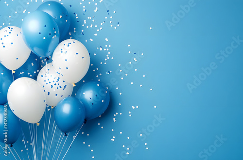 Balloons bunch on a blue wall background. Horizontal banner. stock photo