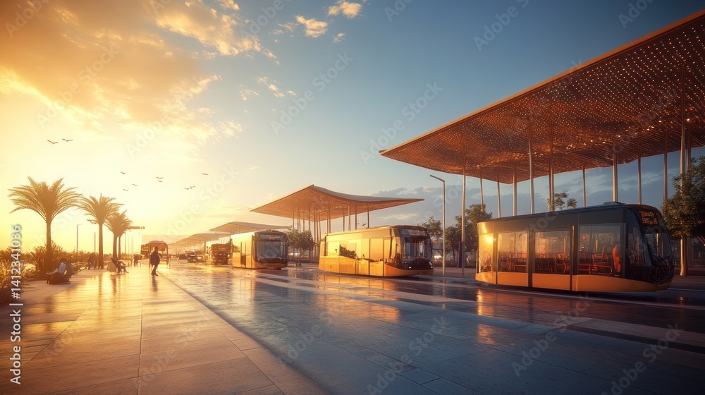 Modern transit, sunset, palm trees, city Modern transit, sunset, palm trees, city