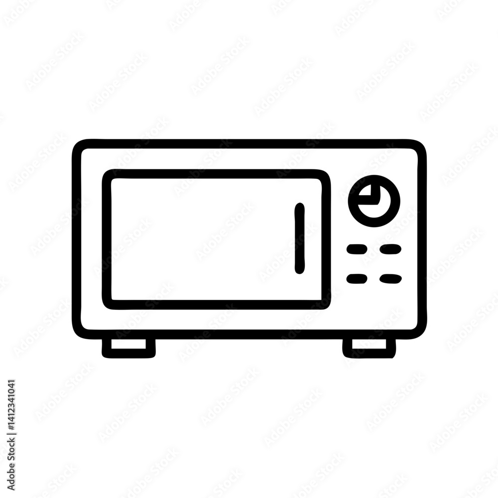 Microwave oven icon in minimalist style, black line, thin outlines, modern design, symmetrical frontal view, isolated image on white background Microwave oven icon in minimalist style, black line, thin outlines, modern design, symmetrical frontal view, isolated image on white background