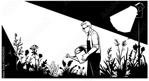 Older man calmly watering garden at night under spotlight