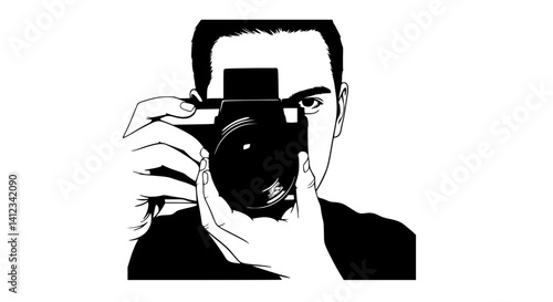 Photographer focused taking picture with camera against simple background