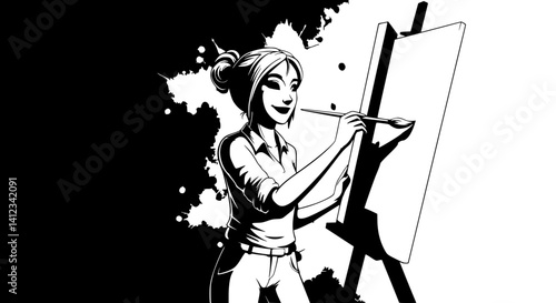 Young woman concentrated painting on canvas against splattered background