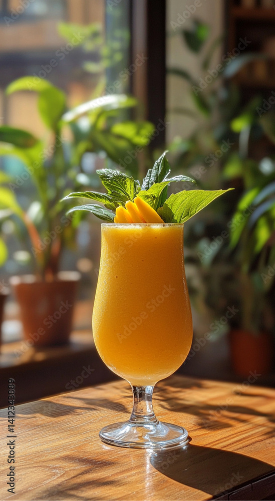 a vibrant tropical smoothie in a glass, bright yellow color, made with mango, banana, and orange juice, fresh fruit garnishes, glowing in sunlight on a wooden table, summer aesthetic