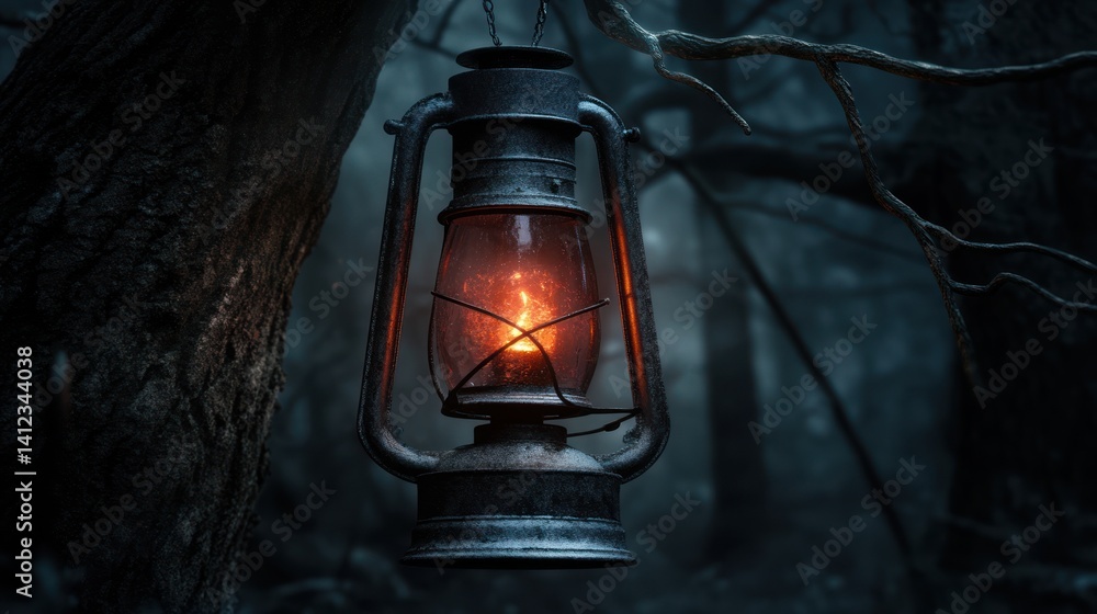 Lit oil lamp hanging in dark forest with blurred trees, suitable for a spooky mood Lit oil lamp hanging in dark forest with blurred trees, suitable for a spooky mood