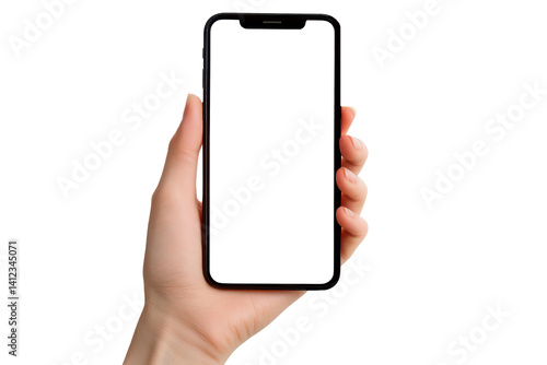 Cell phone in hand mockup, transparent screen for custom app display