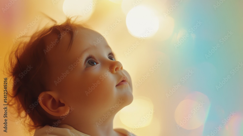 Fototapeta premium A curious baby gazes upward, filled with wonder; innocence and discovery in a moment of quiet fascination. 