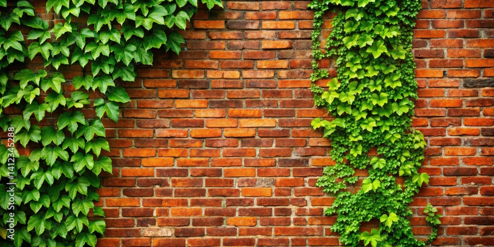 Fototapeta premium Rustic Red Brick Wall Ivy Food Photography Background - Nature Inspired Food Images