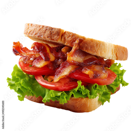 Close up of a blt sandwich with bacon lettuce and tomato slices