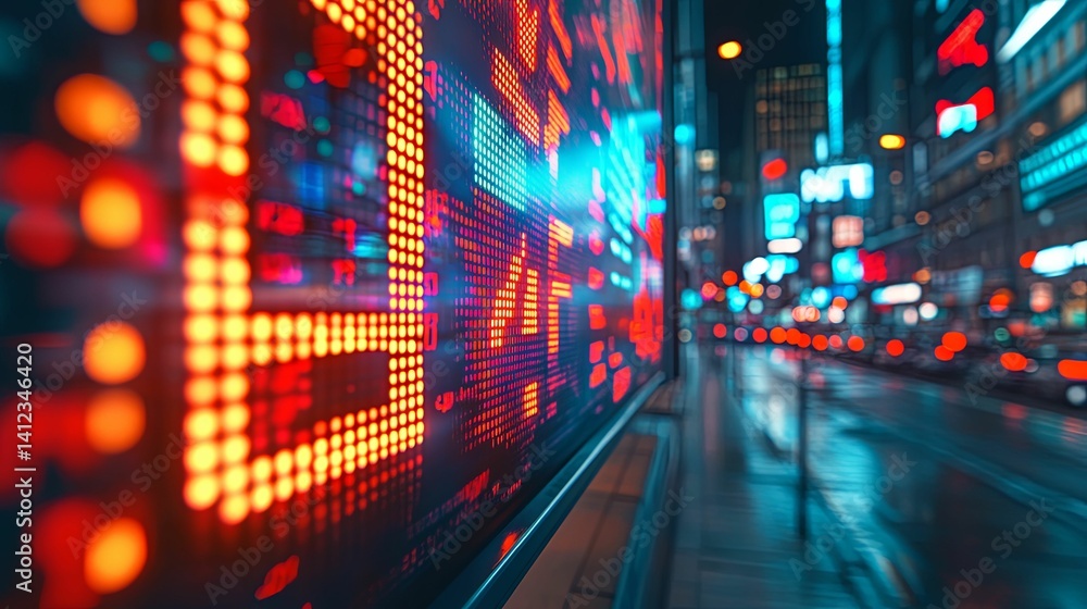 Financial data displayed on an illuminated LED board at night in a city. Financial data displayed on an illuminated LED board at night in a city.