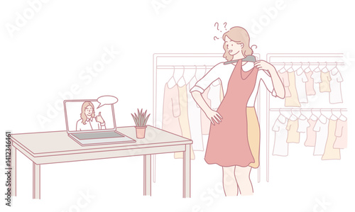 A woman is utilizing a virtual dressing room to try on various clothes with the help of an online fashion advisor